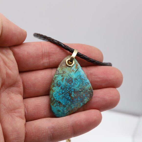 Chrysocolla Natural Stone Necklace 14K Yellow Gold & Leather - Picture 3 of 11